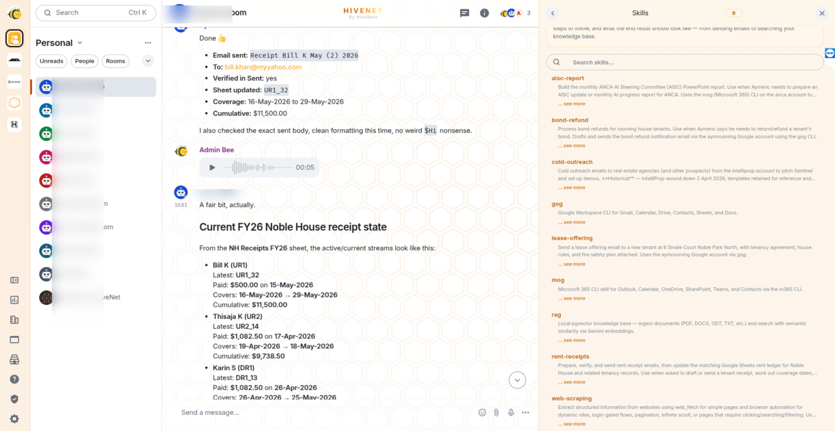 HiveNet personal room with a bot's receipt and FY26 financial state, plus a skills sidebar